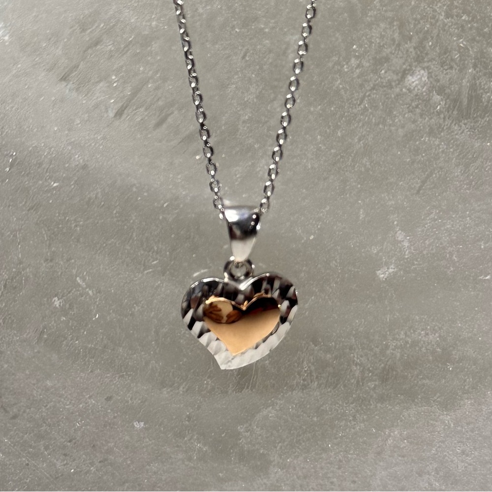 NEW 14K White Gold 16” Necklace w/ 14K WG/Rose Gold Heart Pendant 3g NOT PLATED